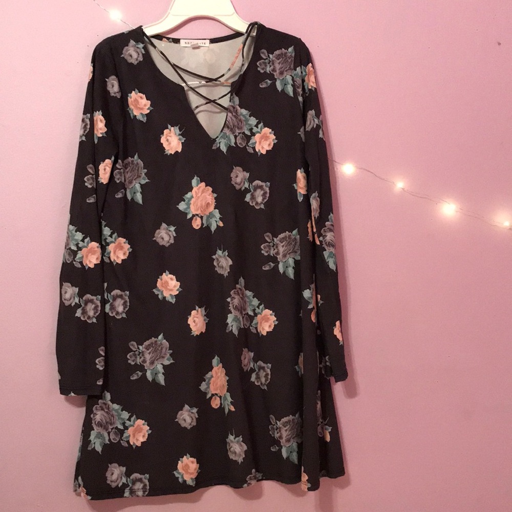 Suede like floral long sleeve dress